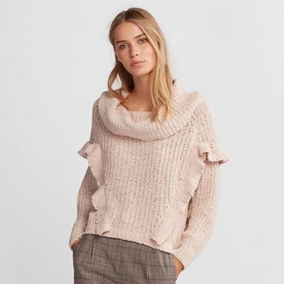 3-FOR-$30 Express Sz S Chunky Knit Pullover Sweater Cowl Neck Ruffle Accent Pink - Picture 10 of 10